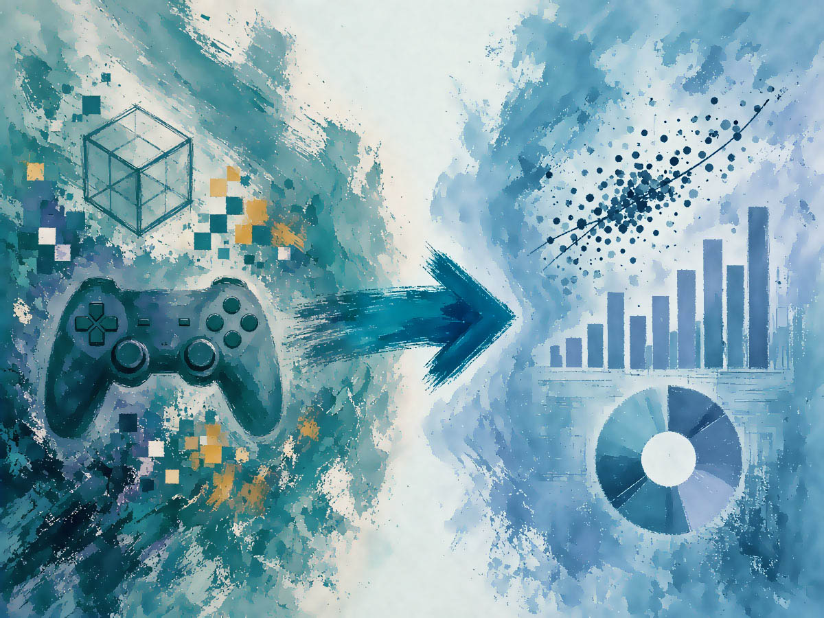 A watercolor diptych: a game controller and wireframe cube on the left, an arrow crossing to a bar chart, scatter plot and donut chart on the right.